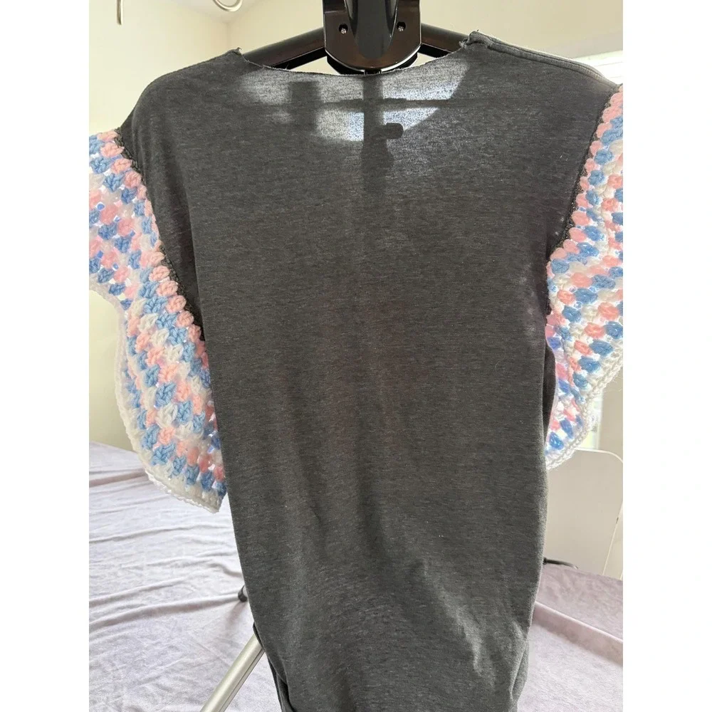 One of a Kind Upcycled Care Bears Graphic Tee with Hand Crocheted Sleeves Large